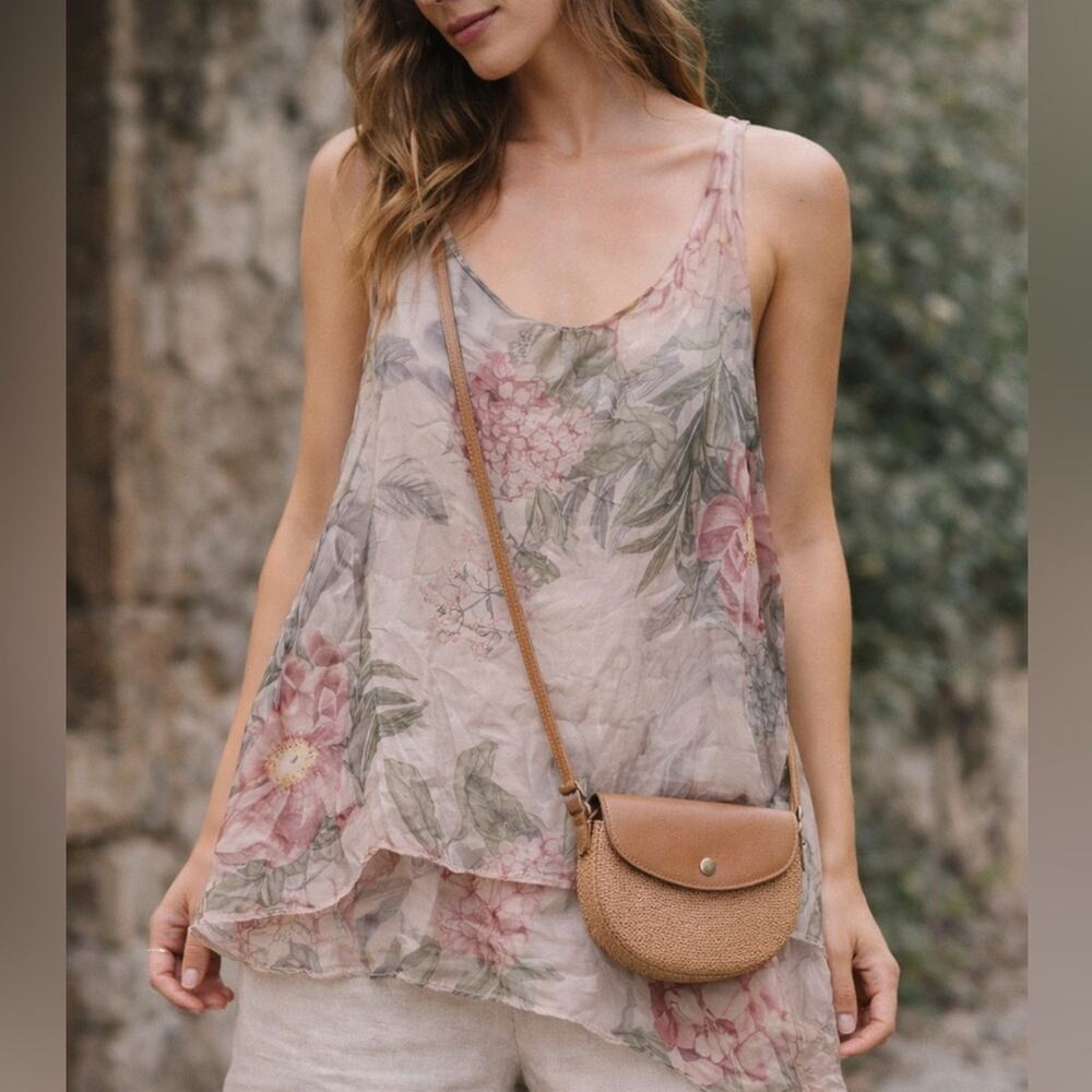 Baci Made In Italy Floral Tank Sheer Layered Boho Romantic Blush Pink Tunic Silk